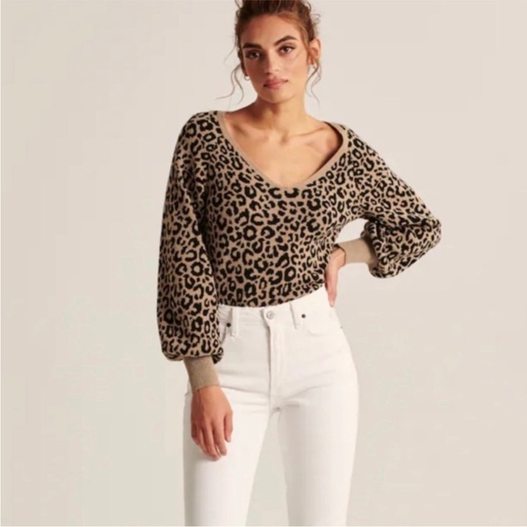 Abercrombie & Fitch Leopard Print V-Neck Sweater XS Tan Black Animal Print - Picture 2 of 12